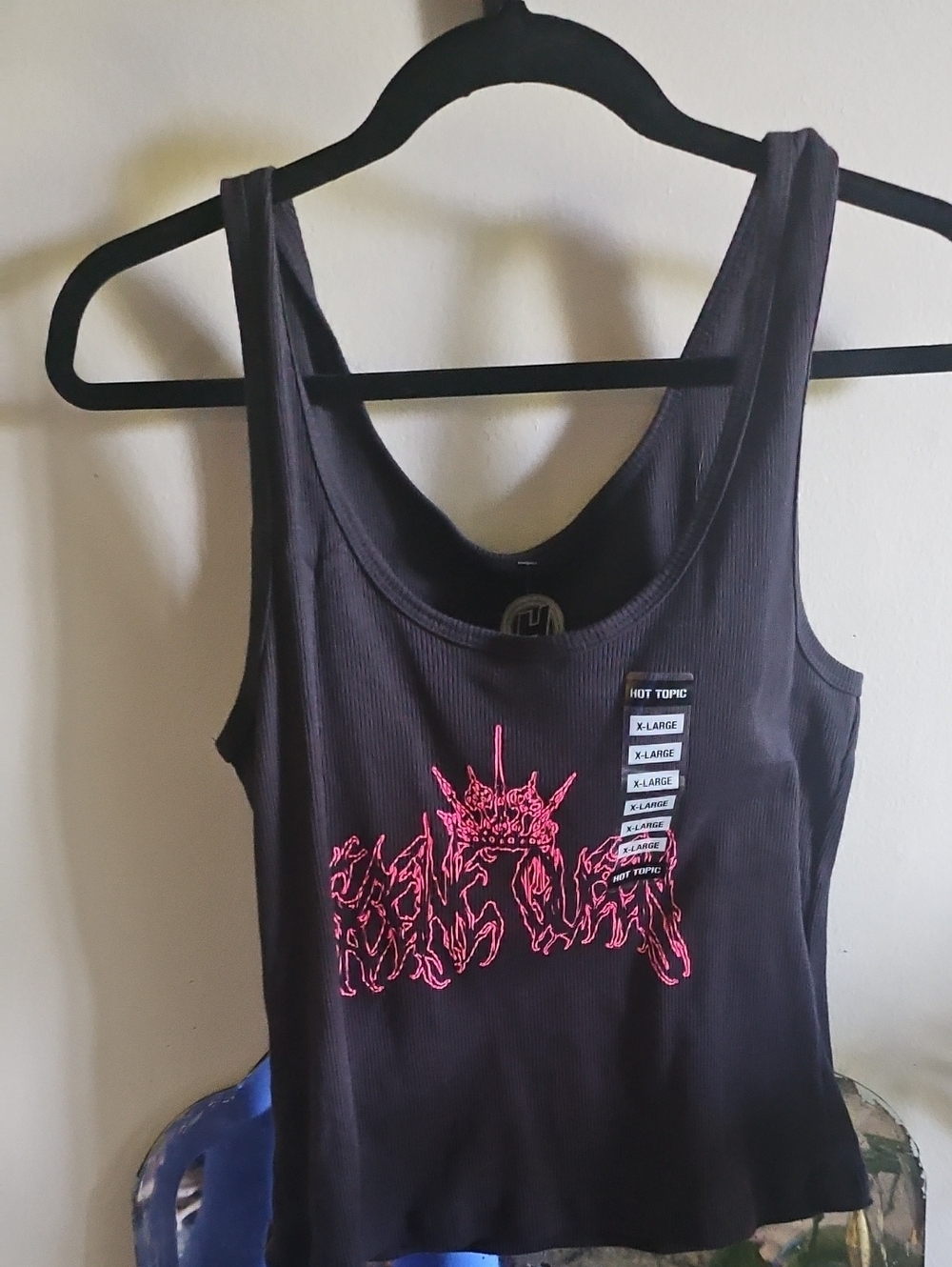 Hot Topic Black Ribbed Tank with Neon Pink Graphic